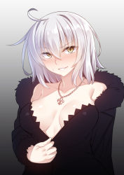 Rule 34 | 1girl, ahoge, blush, breasts, breasts apart, collarbone, commentary, fate/grand order, fate (series), fleur-de-lis, fur collar, hair between eyes, jeanne d&#039;arc (fate), jeanne d&#039;arc alter (fate), jeanne d&#039;arc alter (ver. shinjuku 1999) (fate), jewelry, looking at viewer, medium breasts, necklace, official alternate costume, parted lips, racer (magnet), silver hair, smirk, solo, sweatdrop, upper body, yellow eyes