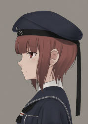 Rule 34 | 10s, 1girl, brown eyes, brown hair, clothes writing, dress, female focus, from side, fuyube gin (huyube), hat, kantai collection, official style, profile, sailor collar, sailor dress, sailor hat, short hair, simple background, solo, upper body, z3 max schultz (kancolle)