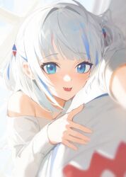 Rule 34 | 1girl, bare shoulders, bed sheet, blue eyes, blue hair, commentary request, darkzmonsty, dutch angle, gawr gura, grey hair, hair intakes, haori, hololive, hololive english, japanese clothes, long sleeves, looking at viewer, lying, multicolored hair, off shoulder, on side, open mouth, sharp teeth, shirt, sleeves past wrists, smile, solo, streaked hair, teeth, upper body, virtual youtuber, white shirt