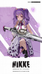 1girl artist_request black_footwear breasts closed_mouth commentary dress drill_hair english_commentary flora_(nikke) flower full_body gloves goddess_of_victory:_nikke gun highres holding holding_gun holding_weapon large_breasts long_hair lotus_hair_ornament machine_gun official_art pink_eyes pink_flower purple_ribbon ribbon shoes sleeveless sleeveless_dress squatting twin_drills weapon white_dress white_gloves