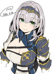 Rule 34 | 1girl, armor, blush, breasts, chest belt, cleavage, cropped torso, dated, green eyes, grey hair, hair between eyes, hairband, happa (cloverppd), hololive, large breasts, looking at viewer, mole, mole on breast, shirogane noel, shirogane noel (1st costume), short hair, signature, simple background, smile, solo, virtual youtuber, white background