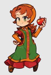 Rule 34 | 1girl, apple, brown hair, chibi, closed mouth, curly hair, dragon quest, dragon quest vii, dress, food, fruit, green eyes, hood, ibara., long hair, maribel (dq7), simple background, smile, solo, square enix