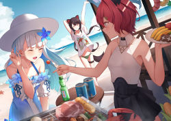 Rule 34 | 3girls, :3, ^ ^, ange katrina, ange katrina (2nd costume), animal ears, arm behind head, arms up, bare shoulders, beach, beer can, bikini, bikini under clothes, black hair, black skirt, blue dress, blue eyes, blue hair, blunt bangs, blush, breasts, can, closed eyes, closed mouth, cloud, collarbone, commentary request, cooking, corn, day, detached sleeves, dog ears, dress, drink can, dutch angle, feeding, flower, food, frilled dress, frills, green bikini, grill, grilling, hair ornament, hairclip, hat, heterochromia, highres, holding, holding plate, horizon, inui toko, kebab, laces, lize helesta, lobster, long hair, looking at another, multi-strapped bikini, multicolored hair, multiple girls, mushroom, nijisanji, ocean, open mouth, outdoors, plate, pleated skirt, print shirt, ramune, red hair, shirt, short hair, skewer, skirt, sleeveless, sleeveless shirt, smile, standing, steak, stretching, sun hat, swimsuit, t-shirt, tail, twintails, two-tone hair, v-shaped eyebrows, very long hair, virtual youtuber, white hair, white headwear, yukiyama momo