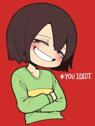 Rule 34 | androgynous, blush, brown hair, chara (undertale), crossed arms, english text, gender request, grin, half-closed eyes, long sleeves, looking at viewer, noho, red background, red eyes, shirt, simple background, smile, smug, solo, spoilers, striped clothes, striped shirt, teeth, undertale, upper body