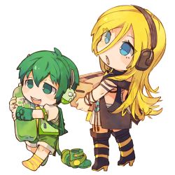 Rule 34 | 1boy, 1girl, 8&#039;108, backpack, bag, black footwear, blonde hair, blue eyes, boots, box, buck teeth, carrying, chibi, eyes visible through hair, full body, green eyes, green footwear, green hair, green shorts, half-closed eyes, headphones, lily (vocaloid), long hair, open mouth, ryuuto (vocaloid), shorts, simple background, smile, socks, soda, striped clothes, striped legwear, striped socks, teeth, transparent background, unworn boots, vest, vocaloid, walking, white background