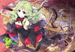 Rule 34 | 1girl, bare shoulders, black thighhighs, breasts, cleavage, detached sleeves, familiar, female focus, full body, gloves, green hair, hat, j.u., jewelry, long hair, looking at viewer, original, purple eyes, ribbon, smile, solo, staff, thighhighs, witch hat