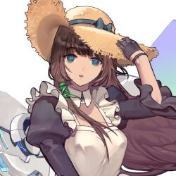 1girl adjusting_clothes adjusting_headwear apron black_gloves blue_eyes breasts brown_hair daphne_(last_origin) dress female_focus floating_hair frilled_apron frills game_cg gloves hair_ornament hair_over_breasts hat head_tilt heart heart-shaped_pupils high_collar large_breasts last_origin long_hair looking_at_viewer low-tied_long_hair mechanical_wings official_art open_mouth puffy_sleeves red_lips rorobomb straw_hat sun_hat symbol-shaped_pupils transparent_background upper_body wings x_hair_ornament