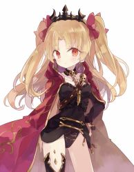 Rule 34 | 1girl, between breasts, black dress, black leotard, black thighhighs, blush, bow, breasts, cloak, closed mouth, dress, ereshkigal (fate), fate/grand order, fate (series), frown, gold trim, hair bow, hand on own hip, hood, hooded cloak, leotard, long hair, looking at viewer, parted bangs, phoenix0, pink bow, short dress, simple background, single thighhigh, skull, small breasts, solo, standing, strap between breasts, sweatdrop, thighhighs, tohsaka rin, two side up, white background