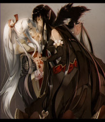 Rule 34 | 2girls, absurdres, amakusa shirou (third ascension) (fate), bare shoulders, black dress, black hair, blood, blood on face, breasts, character request, cleavage, closed eyes, commentary request, detached sleeves, dress, fate/apocrypha, fate/grand order, fate (series), fur trim, highres, holding hands, large breasts, letterboxed, long hair, multiple girls, nagatsuki take, pointy ears, ponytail, semiramis (fate), smile, very long hair, white hair, yellow eyes