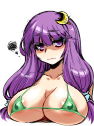 Rule 34 | 1girl, bikini, blush, breasts, cleavage, covered erect nipples, crescent, crescent hair ornament, female focus, hair ornament, hairclip, large breasts, long hair, looking at viewer, patchouli knowledge, purple eyes, purple hair, simple background, sketch, solo, swimsuit, tajima yuuki, touhou, white background