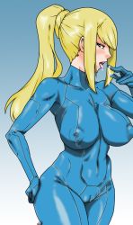 Rule 34 | 1girl, blonde hair, blue eyes, blush, bodysuit, breasts, cameltoe, covered erect nipples, covered navel, curvy, female focus, highres, large breasts, legs, long hair, looking at viewer, metroid, naughty face, nintendo, open mouth, ponytail, saliva, samus aran, shiny clothes, simple background, skin tight, solo, standing, thighs, tongue, tongue out, zero suit
