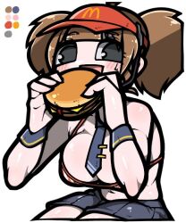 1girl :d ahoge bare_shoulders bikini bikini_top_only black_eyes black_shorts blue_necktie breasts brown_hair burger cleavage color_guide eyelashes food hands_up holding holding_burger holding_food imadake_dabuchi_tabemi large_breasts mcdonald&#039;s name_omoitukan2 navel necktie open_mouth shiny_skin short_hair shorts simple_background smile solo striped_bikini striped_clothes sweat swimsuit thick_lineart tie_clip twintails vertical-striped_bikini vertical-striped_clothes visor_cap white_background