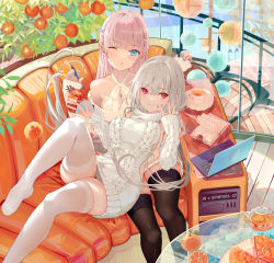 Rule 34 | 2girls, albino, bare shoulders, black thighhighs, blue eyes, blunt bangs, book, bottomless, breasts, cleavage, closed mouth, computer, couch, cup, day, dress, glass table, grey hair, highres, indoors, ito lab, laptop, large breasts, living room, long hair, medium breasts, multiple girls, nail polish, on couch, one eye closed, open book, orange tree, original, pink hair, plate, red eyes, red nails, sidelocks, smile, stairs, sweatdrop, sweater, table, teacup, thighhighs, thighs, tree, white dress, white hair, white sweater, white thighhighs, yuri