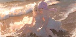 Rule 34 | 2girls, alternate costume, arm between legs, artist name, barefoot, beach, behind another, blonde hair, braid, breasts, cherry blossoms, cleavage, closed eyes, closed mouth, collarbone, commentary, dress, floating hair, flower, foot out of frame, furrowed brow, grey eyes, hair flower, hair ornament, hair over one eye, ia (vocaloid), imminent hand holding, knees up, long hair, looking at another, looking to the side, multiple girls, one eye covered, open mouth, otter paw (otter696969), outdoors, pink flower, purple hair, short hair with long locks, sidelighting, sidelocks, sitting, small breasts, smile, spaghetti strap, strapless, strapless dress, sundress, twilight, twitter username, vocaloid, voiceroid, waves, white dress, yokozuwari, yuri, yuzuki yukari