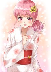 Rule 34 | 1girl, :d, absurdres, bang dream!, blush, collarbone, commentary request, floral print, flower, hair flower, hair ornament, hand up, highres, japanese clothes, kimono, long sleeves, looking at viewer, low ponytail, maruyama aya, obi, open mouth, pink hair, pom pom (clothes), ponytail, print kimono, red eyes, sash, sin (sin52y), smile, solo, teeth, upper teeth only, white kimono, wide sleeves, yellow flower