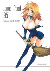 Rule 34 | blonde hair, boots, breasts, broom, choker, cleavage, fantasy earth zero, glasses, high heels, highres, huge breasts, panties, shoes, solo, tachibana chata, thighhighs, underwear, witch