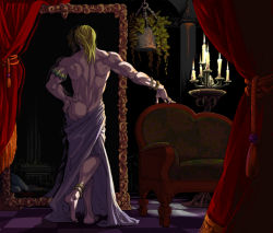 Rule 34 | 1boy, armlet, ass, back, blonde hair, bracelet, candle, couch, curtains, different reflection, dio brando, from behind, jewelry, jojo no kimyou na bouken, long hair, male focus, merumeru626, mirror, muscular, reflection, solo, vampire
