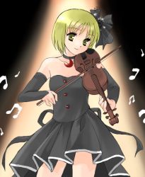 Rule 34 | 1girl, bare shoulders, beamed quavers, blonde hair, choker, coco (artist), detached sleeves, dress, female focus, formal, gradient background, instrument, lunasa prismriver, music, musical note, ribbon, short hair, solo, spotlight, strapless, strapless dress, touhou, violin, yellow eyes