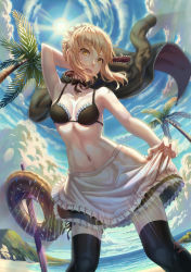 Rule 34 | 1girl, absurdres, apron, artoria pendragon (alter swimsuit rider) (fate), artoria pendragon (alter swimsuit rider) (second ascension) (fate), artoria pendragon (fate), bare shoulders, bikini, black bikini, black thighhighs, blonde hair, braid, breasts, cloud, collarbone, commentary request, day, fate (series), frills, highres, hooh lin, jacket, looking at viewer, maid, maid bikini, maid headdress, medium breasts, navel, ocean, ribbon, short hair, solo, swimsuit, thighhighs, unconventional maid, water, white apron, yellow eyes