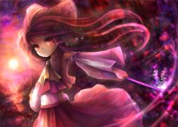 Rule 34 | 1girl, ascot, backlighting, bow, cowboy shot, detached sleeves, evening, female focus, gohei, hair bow, hakurei reimu, holding, long hair, long sleeves, looking at viewer, red eyes, red skirt, shoukou, skirt, solo, stick, sun, sunlight, sunset, touhou, very long hair, vest