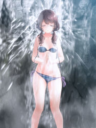 Rule 34 | 1girl, bathing in waterfall, bikini, blue bikini, blush, breasts, brown hair, closed eyes, collarbone, commentary request, curly hair, day, double strap slip, hair over breasts, low twintails, medium hair, multicolored clothes, navel, original, outdoors, own hands together, parted lips, purple bikini, rock, showering, side-tie bikini bottom, small breasts, solo, standing, striped bikini, striped clothes, swimsuit, tachiinu, twintails, wardrobe malfunction, water, waterfall, wet