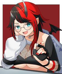 Rule 34 | 1girl, black gloves, black hair, blue eyes, blush, breasts, cleavage, commentary request, compression sleeve, demon girl, demon horns, demon wings, fingerless gloves, fishnet top, fishnets, glasses, gloves, grey-framed eyewear, head rest, highres, horns, jacket, jewelry, large breasts, long hair, looking at viewer, manjuuumauma, multicolored hair, nanashi inc., necklace, official alternate costume, open mouth, pointy ears, red hair, round eyewear, ryugasaki rene, ryugasaki rene (2nd costume), shrug (clothing), sidelocks, single glove, single sleeve, smile, solo, sugar lyric, two-tone background, two-tone hair, underboob, upper body, virtual youtuber, white background, white jacket, wings