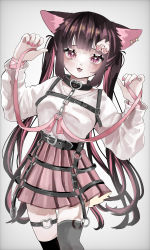 Rule 34 | 1girl, :3, absurdres, animal ears, belt, belt buckle, black belt, black collar, black thighhighs, blunt bangs, blush, brown hair, buckle, cat ears, cat girl, cat hair ornament, chain, collar, colored inner hair, commentary, cowboy shot, ear ornament, eyebrows hidden by hair, hair ornament, hanataro (sruvhqkehy1zied), hands up, highres, holding, holding ribbon, long hair, looking at viewer, loose clothes, loose shirt, mole, mole under mouth, multicolored hair, nail polish, open mouth, original, pink eyes, pink hair, pink nails, pink ribbon, pink skirt, ribbon, shirt, simple background, skirt, sleeves past elbows, solo, standing, thigh strap, thighhighs, twintails, two-tone hair, very long hair, white background, white shirt