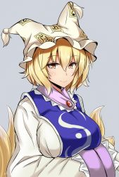 Rule 34 | 1girl, animal hat, blonde hair, blush, breast hold, breasts, closed mouth, fox tail, frills, from side, hair between eyes, hands in opposite sleeves, hat, highres, large breasts, long sleeves, looking at viewer, looking to the side, mob cap, multiple tails, poshi (ginmokusei), short hair, smile, solo, tabard, tail, tassel, touhou, wide sleeves, yakumo ran, yellow eyes