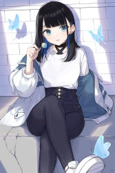 Rule 34 | 1girl, absurdres, animal, black choker, black hair, black pants, blue eyes, blue hair, brick wall, bug, butterfly, candy, choker, closed mouth, collarbone, colored inner hair, commentary, denim, earrings, english commentary, feet out of frame, food, highres, holding, holding candy, holding food, holding lollipop, insect, jacket, jeans, jewelry, lollipop, long hair, long sleeves, looking at viewer, multicolored hair, open clothes, open jacket, original, pants, puffy long sleeves, puffy sleeves, shirt, shoes, solo, streaked hair, stud earrings, takenoko no you, tongue, tongue out, white footwear, white jacket, white shirt
