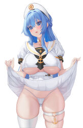 Rule 34 | 1girl, aqua hair, blue eyes, blush, breasts, clothes lift, goddess of victory: nikke, hat, helm (nikke), highres, large breasts, long hair, long sleeves, ruinabyss, sailor, simple background, skindentation, skirt, skirt lift, solo, thigh strap, thighhighs, underboob, very long hair, white hat