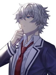 Rule 34 | 1boy, blue eyes, clenched hand, hair between eyes, hand up, highres, ishisora, long sleeves, male focus, munou na nana, necktie, onodera kyouya, red necktie, school uniform, simple background, solo, upper body, white background, white hair