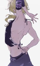 Rule 34 | 10s, 1boy, arm up, belt, blonde hair, chinese clothes, dudou, from behind, male focus, maru0one, pants, ponytail, shishiou (touken ranbu), simple background, solo, touken ranbu, white background