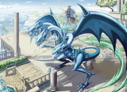 Rule 34 | 1girl, barefoot, blue eyes, blue eyes ultimate dragon, blue hair, breasts, card, character request, dragon, floating, highres, holding, holding card, huanghyy, large breasts, long hair, looking away, parted lips, tree, yu-gi-oh!