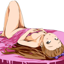 Rule 34 | 1girl, :o, barefoot, bed, bed sheet, blush, blush stickers, brown eyes, brown hair, covering privates, flat chest, hairband, idolmaster, idolmaster (classic), issei, legs up, long hair, lying, minase iori, naked sheet, nude, nude cover, on back, solo, upside-down, wrapped in sheets