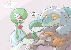 Rule 34 | 1boy, 1girl, blank eyes, blue hair, blush, blush stickers, bob cut, claws, closed eyes, closed mouth, colored skin, constricted pupils, creatures (company), dragon, drampa, fangs, fangs out, flat chest, gallade, game freak, gardevoir, gen 3 pokemon, gen 4 pokemon, gen 7 pokemon, gerigoo, green hair, green skin, hair over one eye, hands on own chest, hands up, highres, japanese text, looking at another, lying, mating (animal), mohawk, motion lines, multicolored hair, multicolored skin, nintendo, on back, on stomach, one eye covered, open mouth, own hands together, pokemon, pokemon (creature), purple background, red eyes, rhyperior, short hair, simple background, sitting, sketch, sleeping, speech bubble, spoken zzz, sweat, talking, translated, two-tone hair, two-tone skin, u u, white skin, zzz