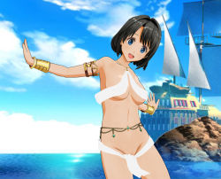 Rule 34 | 1girl, 3d, areola slip, armlet, beads, black hair, blue eyes, blush, boat, breasts, classmate daisuki, cloud, collarbone, dancer, harem outfit, loincloth, looking at viewer, medium breasts, navel, ocean, open mouth, outdoors, pussy, pussy peek, rock, short hair, sky, smile, solo, standing, water, watercraft, wristband