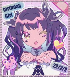 Rule 34 | 1girl, black hair, black tube top, blunt bangs, clothing cutout, commentary request, dated, demon horns, happy birthday, heart, horns, jacket, kojo anna, kojo anna (2nd costume), kuzuhana, long hair, looking at viewer, multicolored hair, nanashi inc., official alternate costume, one eye closed, open mouth, purple hair, shoulder cutout, smile, solo, strapless, sugar lyric, tiger, tube top, twintails, two-tone hair, upper body, virtual youtuber, white jacket, yellow eyes