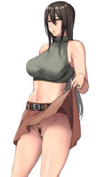 Rule 34 | 1girl, bare shoulders, belt, black hair, breasts, censored, clothes lift, female pubic hair, groin, large breasts, lifting own clothes, long hair, midriff, mosaic censoring, navel, no panties, original, pepe (jonasan), pubic hair, pussy, simple background, skirt, skirt lift, sleeveless, solo, standing, stomach, white background