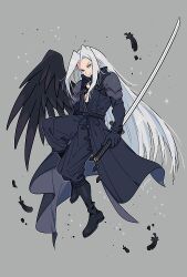 Rule 34 | 1boy, black coat, black footwear, black pants, blue eyes, closed mouth, coat, falling feathers, feathers, final fantasy, final fantasy vii, full body, grey background, grey hair, holding, holding sword, holding weapon, long hair, looking at viewer, male focus, pants, sephiroth, single wing, solo, sword, very long hair, weapon, wings, yasaikakiage