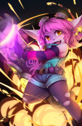 Rule 34 | 1girl, alternate costume, arm warmers, bare shoulders, belt, blush, cannon, colored skin, denim, denim shorts, earrings, explosion, fang, fingerless gloves, gloves, goggles, goggles on head, highres, jewelry, league of legends, looking at viewer, pantyhose, pink hair, pointy ears, purple skin, ricegnat, riot girl tristana, shorts, solo, star (symbol), star earrings, torn clothes, torn pantyhose, tristana, yellow eyes, yordle