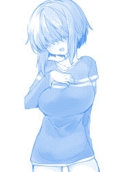 Rule 34 | 1girl, :d, arm behind back, blue theme, blush, bob cut, breasts, collarbone, commentary, cowboy shot, hair over eyes, halftone, halftone texture, hand on own chest, head tilt, isshitaira, large breasts, long bangs, long shirt, monochrome, no pants, open mouth, shirt, short hair, short hair with long locks, simple background, smile, solo, striped clothes, striped shirt, thigh gap, uzaki-chan wa asobitai!, uzaki yanagi, white background