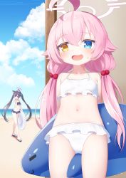 Rule 34 | 2girls, :d, ahoge, animal ear fluff, animal ears, bare shoulders, beach, bikini, black hair, blue archive, blue eyes, blue sky, blush, cloud, cloudy sky, collarbone, commentary request, day, fang, frilled bikini, frills, hair bobbles, hair ornament, halo, heterochromia, highres, horizon, hoshino (blue archive), hoshino (swimsuit) (blue archive), inflatable toy, innertube, kokone (coconeeeco), long hair, low twintails, multiple girls, navel, ocean, open mouth, outdoors, red eyes, sand, serika (blue archive), serika (swimsuit) (blue archive), sky, smile, solo focus, standing, sweat, swim ring, swimsuit, twintails, very long hair, water, white bikini, yellow eyes