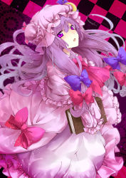 Rule 34 | 1girl, book, bow, checkered background, crescent, dress, hat, long hair, open mouth, patchouli knowledge, purple eyes, purple hair, sakura ran, solo, touhou