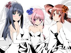 Rule 34 | 3girls, backless dress, backless outfit, blue eyes, blue flower, blue hair, blue rose, blunt bangs, blush, breasts, brown eyes, brown hair, cleavage, dot nose, dress, flower, gloves, hair flower, hair ornament, highres, long hair, looking at viewer, magia record: mahou shoujo madoka magica gaiden, mahou shoujo madoka magica, multiple girls, nanami yachiyo, pink eyes, pink flower, pink hair, pink rose, ponytail, red flower, red rose, rose, rurushu ki san, sidelocks, simple background, small breasts, smile, split mouth, tamaki iroha, wedding dress, white background, white dress, white gloves, yui tsuruno