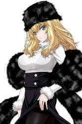 Rule 34 | 10s, 1girl, black bra, blonde hair, blue eyes, bra, bra visible through clothes, breasts, character request, clothes lift, commentary, cowboy shot, dress, dress lift, from side, fur hat, fur trim, girls und panzer, hair between eyes, hat, isse, jewelry, large breasts, long hair, long sleeves, looking at viewer, pantyhose, parted lips, ring, see-through, shawl, shirt, simple background, solo, sweater, teeth, thighs, underwear, wavy hair, white background, white sweater
