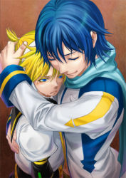 Rule 34 | 2boys, blonde hair, blue hair, brown background, crying, crying with eyes open, closed eyes, from above, headset, hug, kagamine len, kaito (vocaloid), male focus, multiple boys, ponytail, scarf, shidatsu takayuki, tears, vocaloid