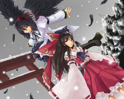 Rule 34 | 2girls, aprilrain, black hair, black wings, boots, bow, brown hair, cross-laced footwear, detached sleeves, dutch angle, embellished costume, feathers, female focus, frills, gathers, geta, hakurei reimu, hat, kinsenka, lace-up boots, large bow, long hair, multiple girls, one eye closed, outstretched arms, perfect cherry blossom, red eyes, shameimaru aya, short hair, snow, snowing, spread arms, tengu-geta, tokin hat, torii, touhou, wallpaper, wide sleeves, wings