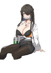 Rule 34 | 1girl, absurdres, banssee, black hair, black pantyhose, black skirt, bra, breasts, cleavage, closed mouth, collarbone, cropped legs, girls&#039; frontline, hair over one eye, highres, invisible chair, large breasts, leone (girls&#039; frontline), long hair, long sleeves, looking at viewer, mask, mask pull, mouth mask, open clothes, pantyhose, simple background, sitting, skirt, solo, surgical mask, underwear, white background
