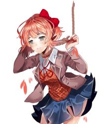 Rule 34 | 1girl, blood, blood on hands, blue eyes, blue skirt, bow, broken heart, collared shirt, crying, crying with eyes open, doki doki literature club, empty eyes, grey jacket, hair bow, hazu t, heart, highres, jacket, long sleeves, neck ribbon, noose, open clothes, open jacket, pleated skirt, red bow, red ribbon, red sweater, ribbon, sayori (doki doki literature club), school uniform, shirt, short hair, skirt, spoilers, suicide, sweater, tears, vest, white shirt, wing collar