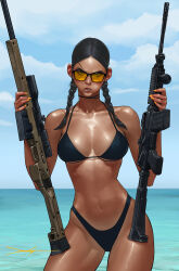 Rule 34 | 1girl, ai arctic warfare, assault rifle, bikini, black-framed eyewear, black bikini, black choker, black hair, bolt action, braid, breasts, candy, cheek bulge, choker, collarbone, commentary, contrapposto, cover, cover page, cowboy shot, dark-skinned female, dark skin, day, dual wielding, english commentary, fingernails, food, forehead, gun, gun honey, highres, holding, holding gun, holding weapon, jee-hyung lee, joanna tan, large breasts, lollipop, long fingernails, looking at viewer, low twin braids, m4 carbine, medium hair, navel, ocean, orange-tinted eyewear, orange nails, parted hair, pinup (style), ribbon choker, rifle, scope, sniper rifle, solo, standing, sunglasses, swimsuit, tan, textless version, thick thighs, thighs, tinted eyewear, toned, twin braids, weapon, weapon request